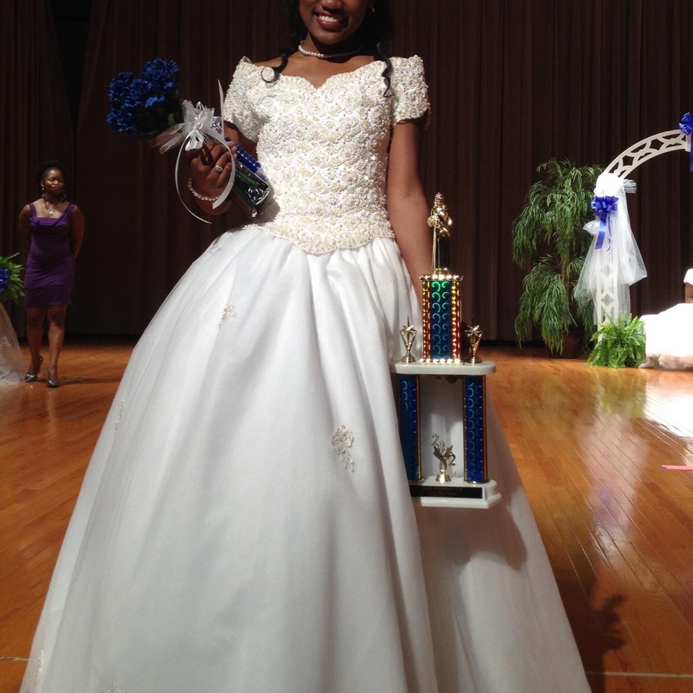 Off white, sequined, tulle Pageant Gown
